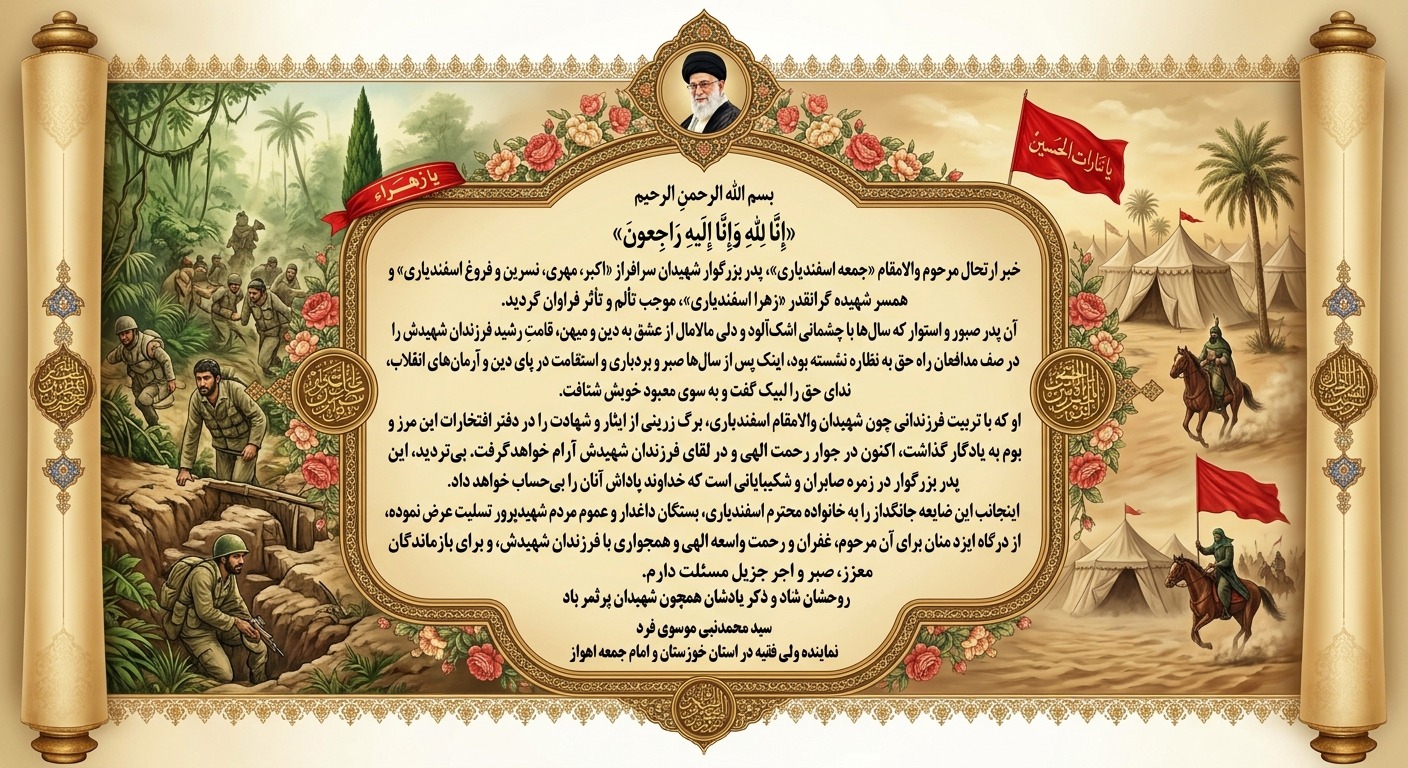 پیام تسلیت نماینده ولی فقیه در خوزستان در پی درگذشت همسر شهید و پدر شهیدان اسفندیاری